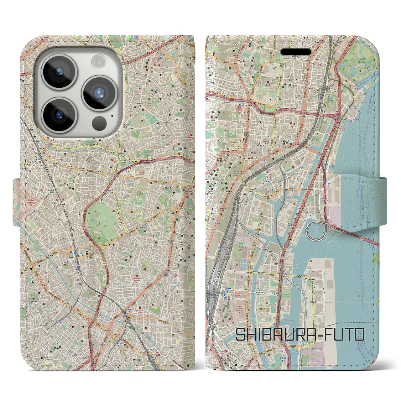 【芝浦ふ頭（東京都）】地図柄iPhoneケース（手帳タイプ）ナチュラル・iPhone 15 Pro 用