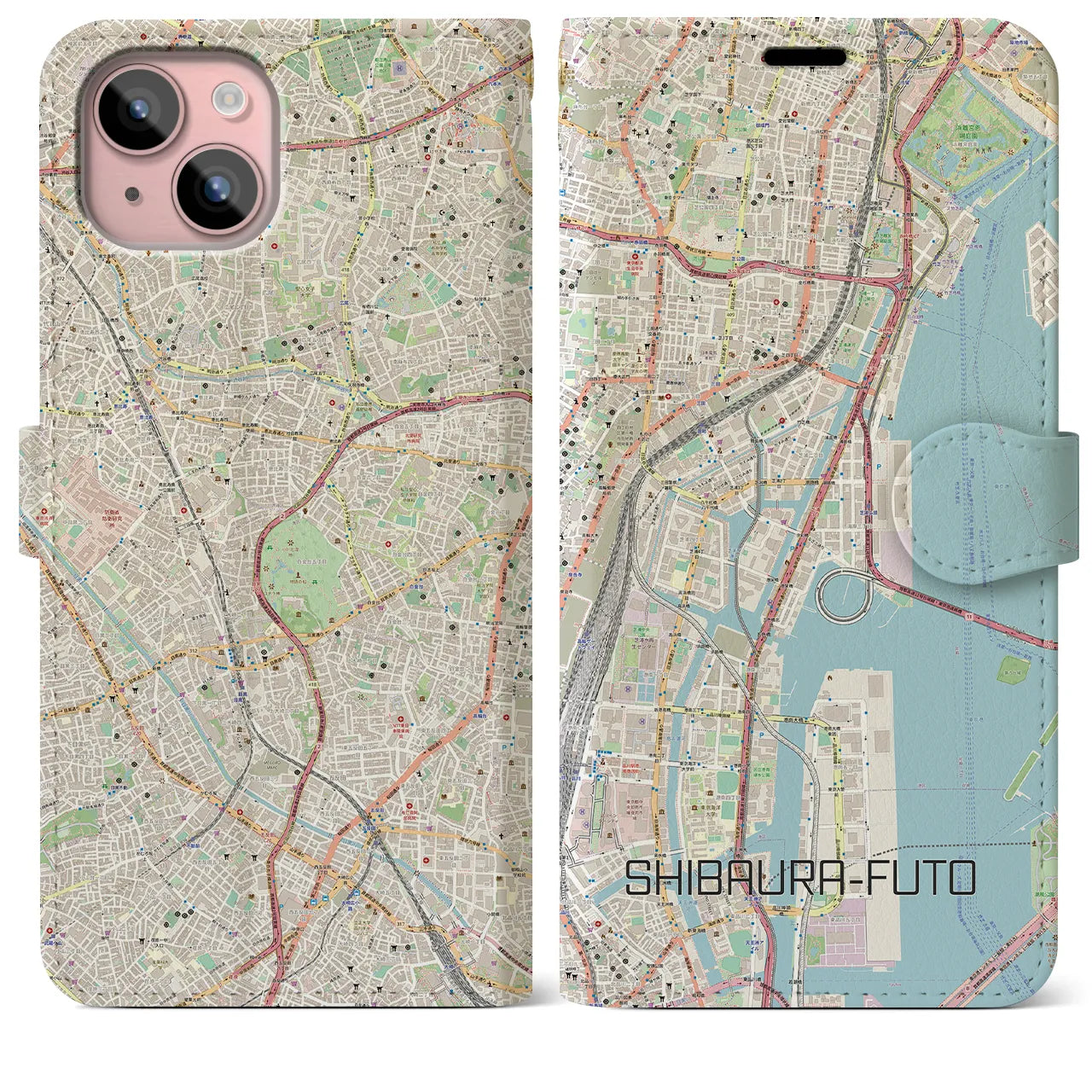 【芝浦ふ頭（東京都）】地図柄iPhoneケース（手帳タイプ）ナチュラル・iPhone 15 Plus 用