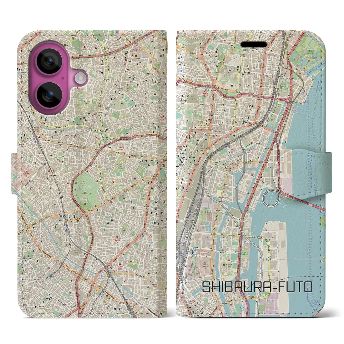 【芝浦ふ頭（東京都）】地図柄iPhoneケース（手帳タイプ）ナチュラル・iPhone 16 Pro 用