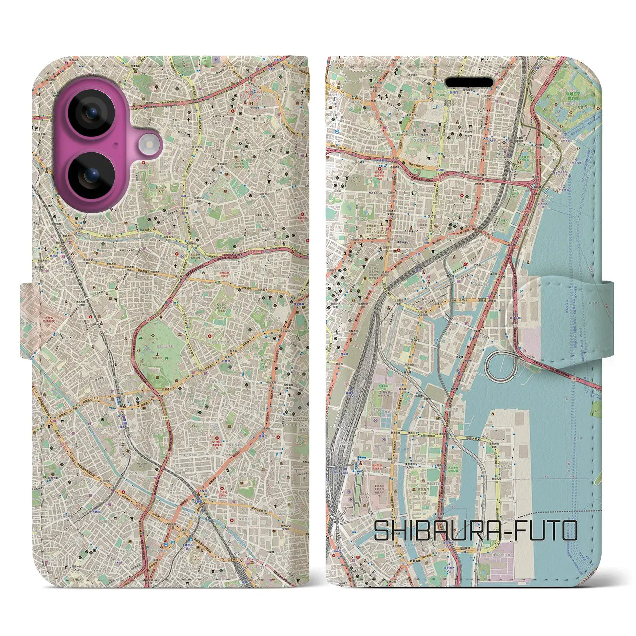 【芝浦ふ頭（東京都）】地図柄iPhoneケース（手帳タイプ）ナチュラル・iPhone 16 Pro 用