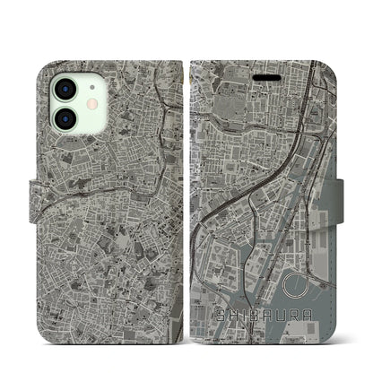 【芝浦（東京都）】地図柄iPhoneケース（手帳タイプ）モノトーン・iPhone 12 mini 用