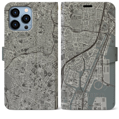 【芝浦（東京都）】地図柄iPhoneケース（手帳タイプ）モノトーン・iPhone 13 Pro Max 用