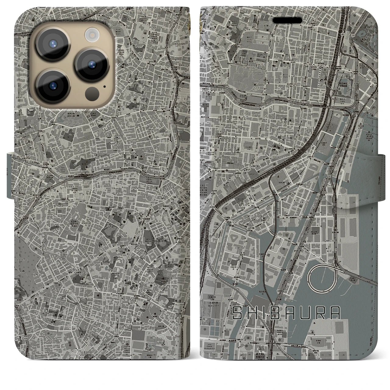 【芝浦】地図柄iPhoneケース（手帳両面タイプ・モノトーン）iPhone 14 Pro Max 用