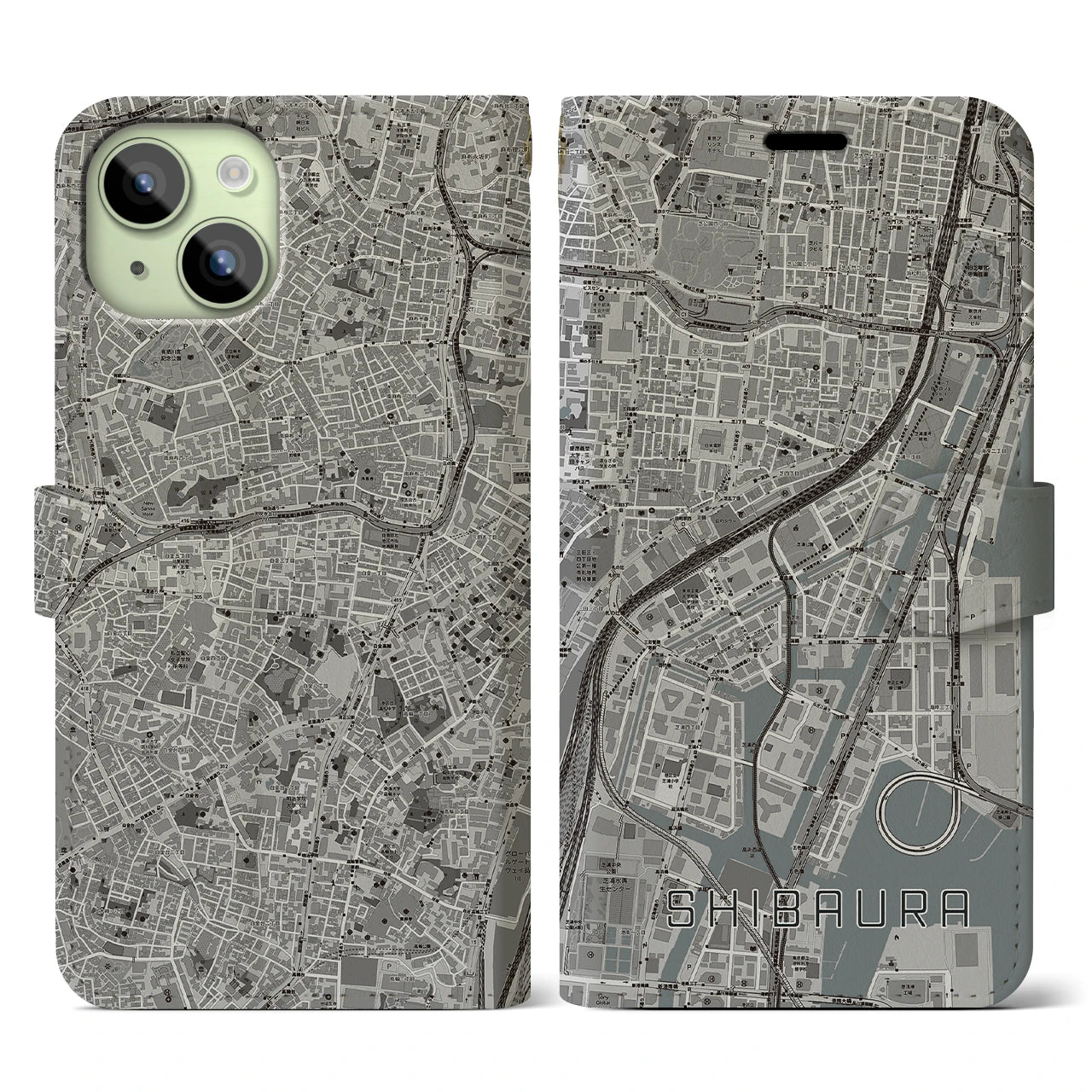 【芝浦】地図柄iPhoneケース（手帳両面タイプ・モノトーン）iPhone 15 用