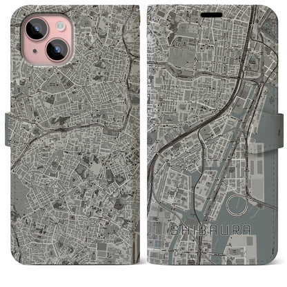 【芝浦（東京都）】地図柄iPhoneケース（手帳タイプ）モノトーン・iPhone 15 Plus 用