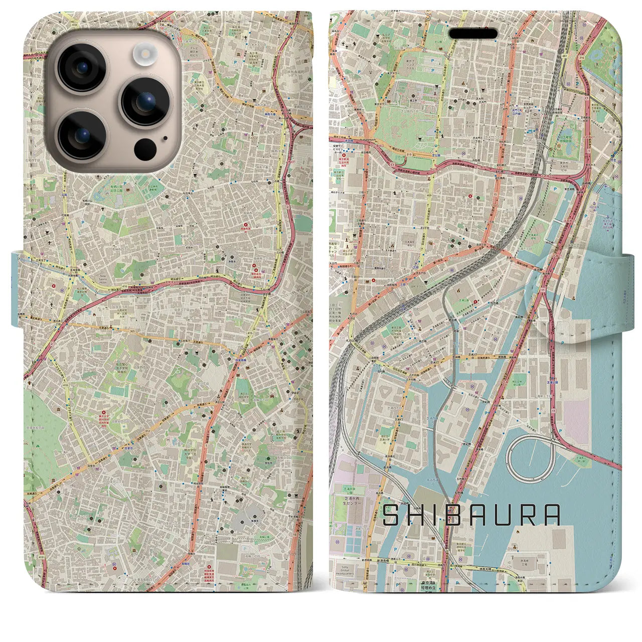 【芝浦（東京都）】地図柄iPhoneケース（手帳タイプ）ナチュラル・iPhone 16 Plus 用