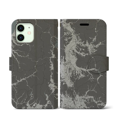 【士別（北海道）】地図柄iPhoneケース（手帳タイプ）モノトーン・iPhone 12 mini 用