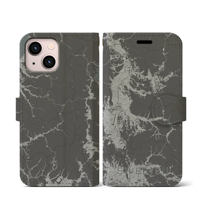 【士別（北海道）】地図柄iPhoneケース（手帳タイプ）モノトーン・iPhone 13 mini 用