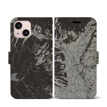 【渋川（群馬県）】地図柄iPhoneケース（手帳タイプ）モノトーン・iPhone 13 mini 用