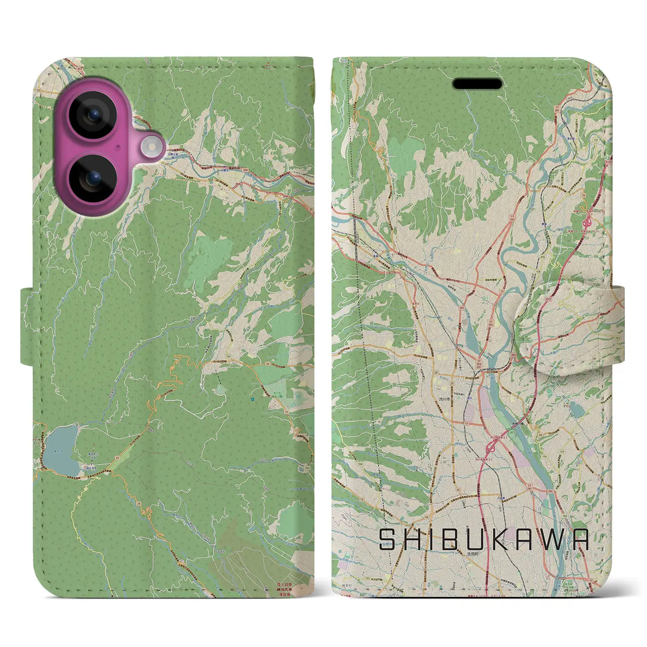 【渋川（群馬県）】地図柄iPhoneケース（手帳タイプ）ナチュラル・iPhone 16 Pro 用