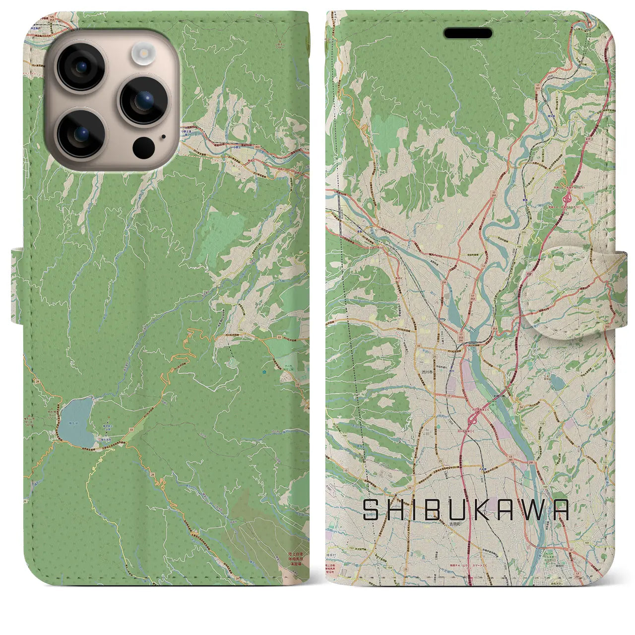 【渋川（群馬県）】地図柄iPhoneケース（手帳タイプ）ナチュラル・iPhone 16 Plus 用