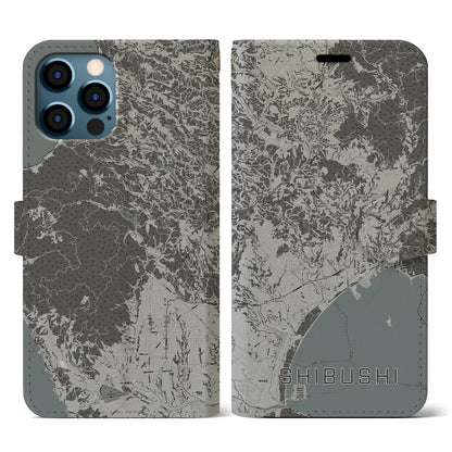 【志布志（鹿児島県）】地図柄iPhoneケース（手帳タイプ）モノトーン・iPhone 12 / 12 Pro 用