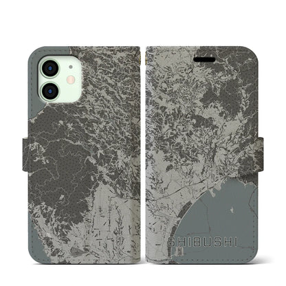 【志布志（鹿児島県）】地図柄iPhoneケース（手帳タイプ）モノトーン・iPhone 12 mini 用