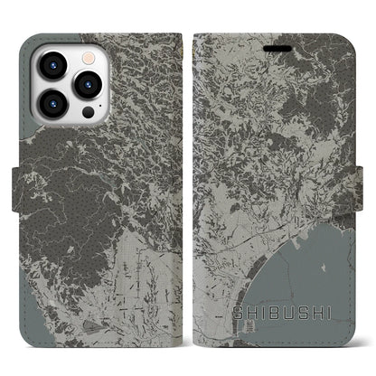 【志布志（鹿児島県）】地図柄iPhoneケース（手帳タイプ）モノトーン・iPhone 13 Pro 用