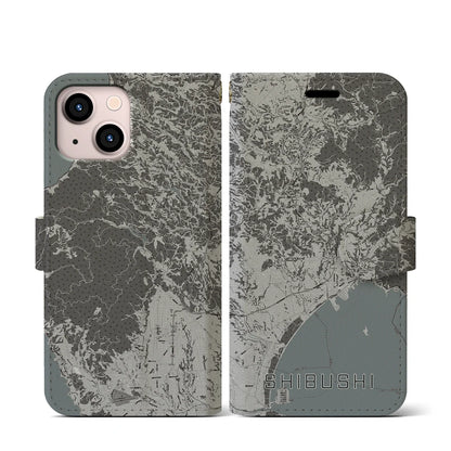 【志布志（鹿児島県）】地図柄iPhoneケース（手帳タイプ）モノトーン・iPhone 13 mini 用