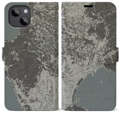 【志布志（鹿児島県）】地図柄iPhoneケース（手帳タイプ）モノトーン・iPhone 14 Plus 用
