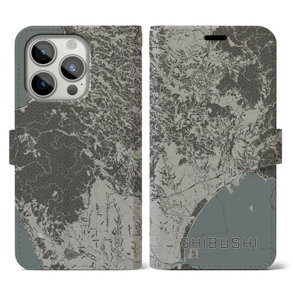 【志布志（鹿児島県）】地図柄iPhoneケース（手帳タイプ）モノトーン・iPhone 15 Pro 用