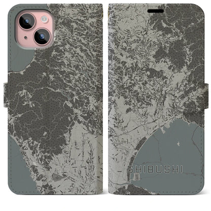 【志布志（鹿児島県）】地図柄iPhoneケース（手帳タイプ）モノトーン・iPhone 15 Plus 用