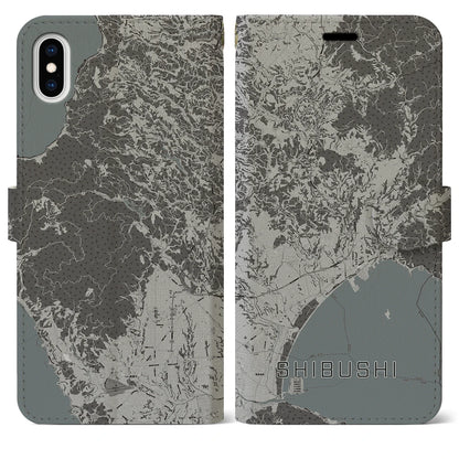 【志布志（鹿児島県）】地図柄iPhoneケース（手帳タイプ）モノトーン・iPhone XS Max 用