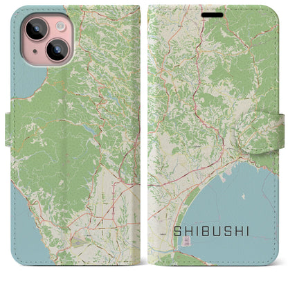 【志布志（鹿児島県）】地図柄iPhoneケース（手帳タイプ）ナチュラル・iPhone 15 Plus 用