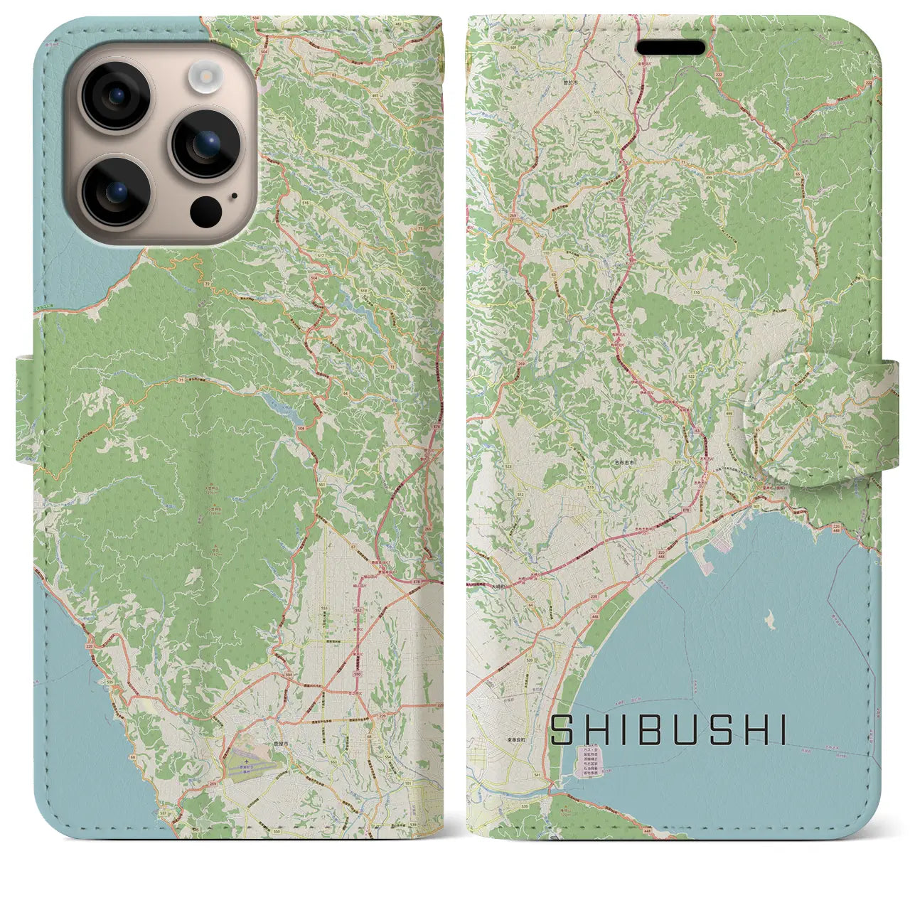 【志布志（鹿児島県）】地図柄iPhoneケース（手帳タイプ）ナチュラル・iPhone 16 Plus 用