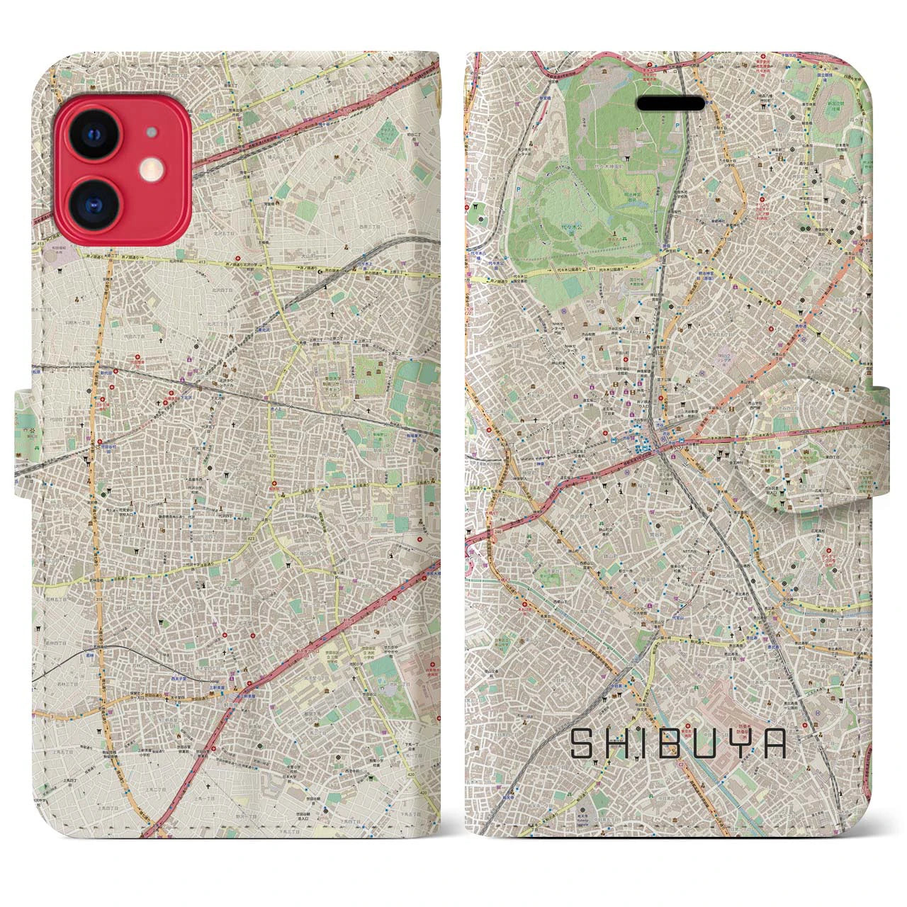 【渋谷】地図柄iPhoneケース（手帳両面タイプ・ナチュラル）iPhone 11 用