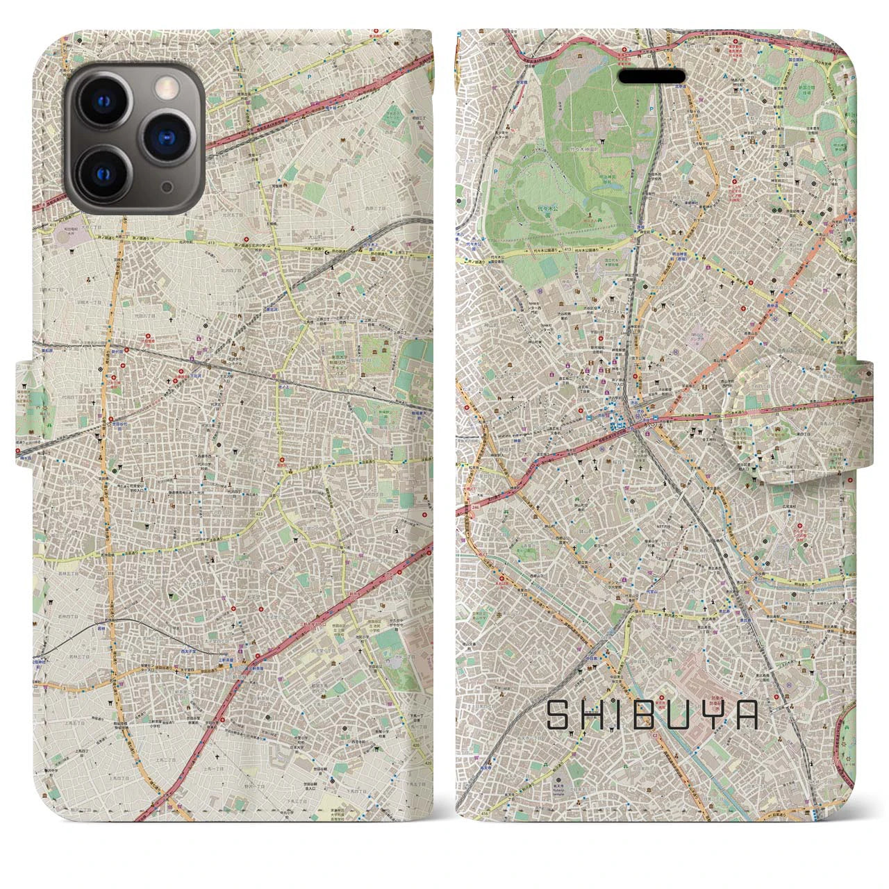 【渋谷】地図柄iPhoneケース（手帳両面タイプ・ナチュラル）iPhone 11 Pro Max 用