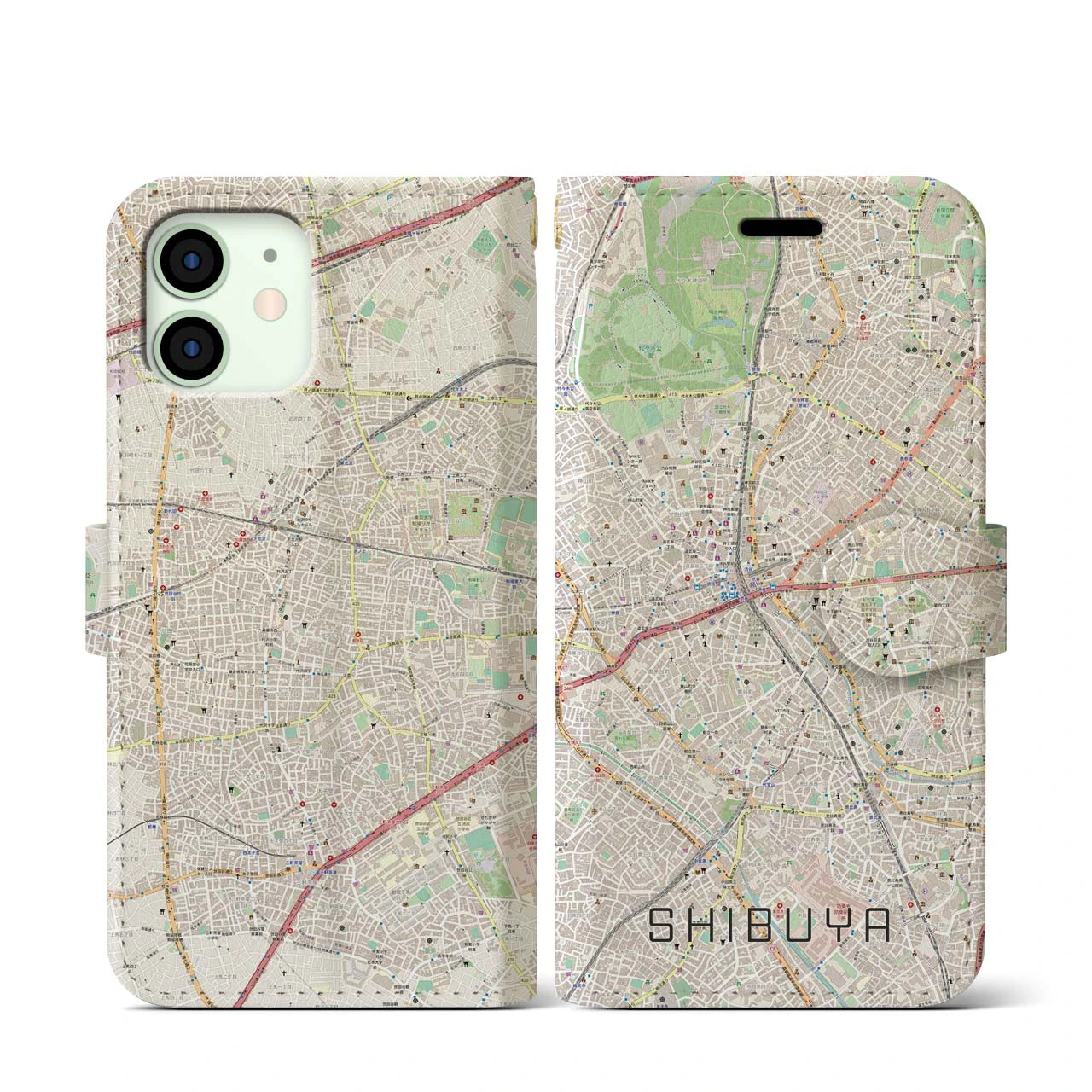 【渋谷】地図柄iPhoneケース（手帳両面タイプ・ナチュラル）iPhone 12 mini 用