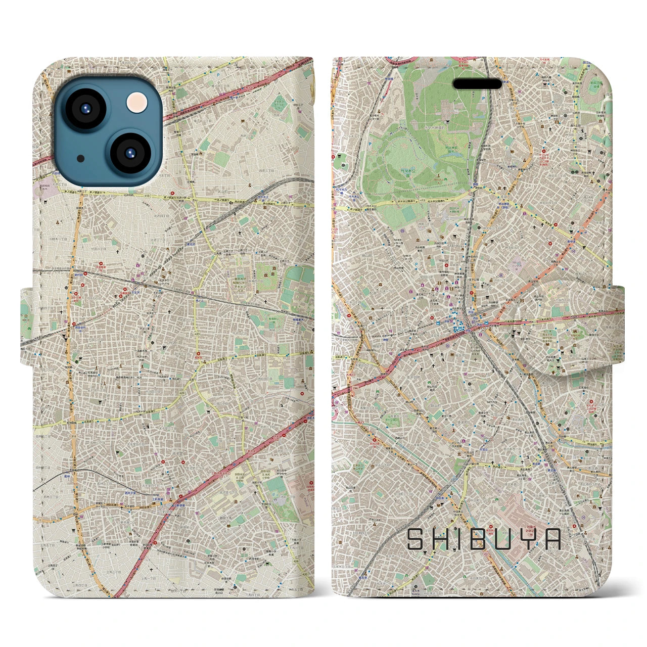 【渋谷】地図柄iPhoneケース（手帳両面タイプ・ナチュラル）iPhone 13 用