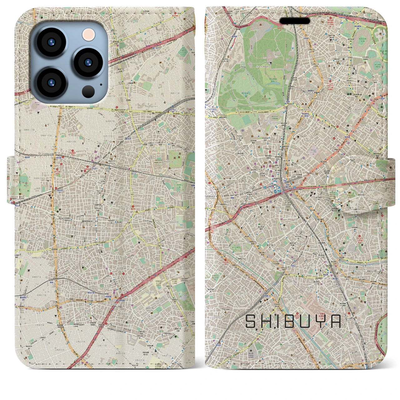 【渋谷】地図柄iPhoneケース（手帳両面タイプ・ナチュラル）iPhone 13 Pro Max 用