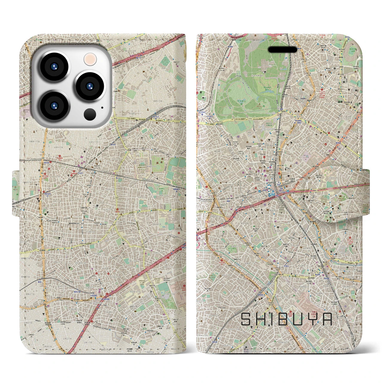 【渋谷】地図柄iPhoneケース（手帳両面タイプ・ナチュラル）iPhone 13 Pro 用