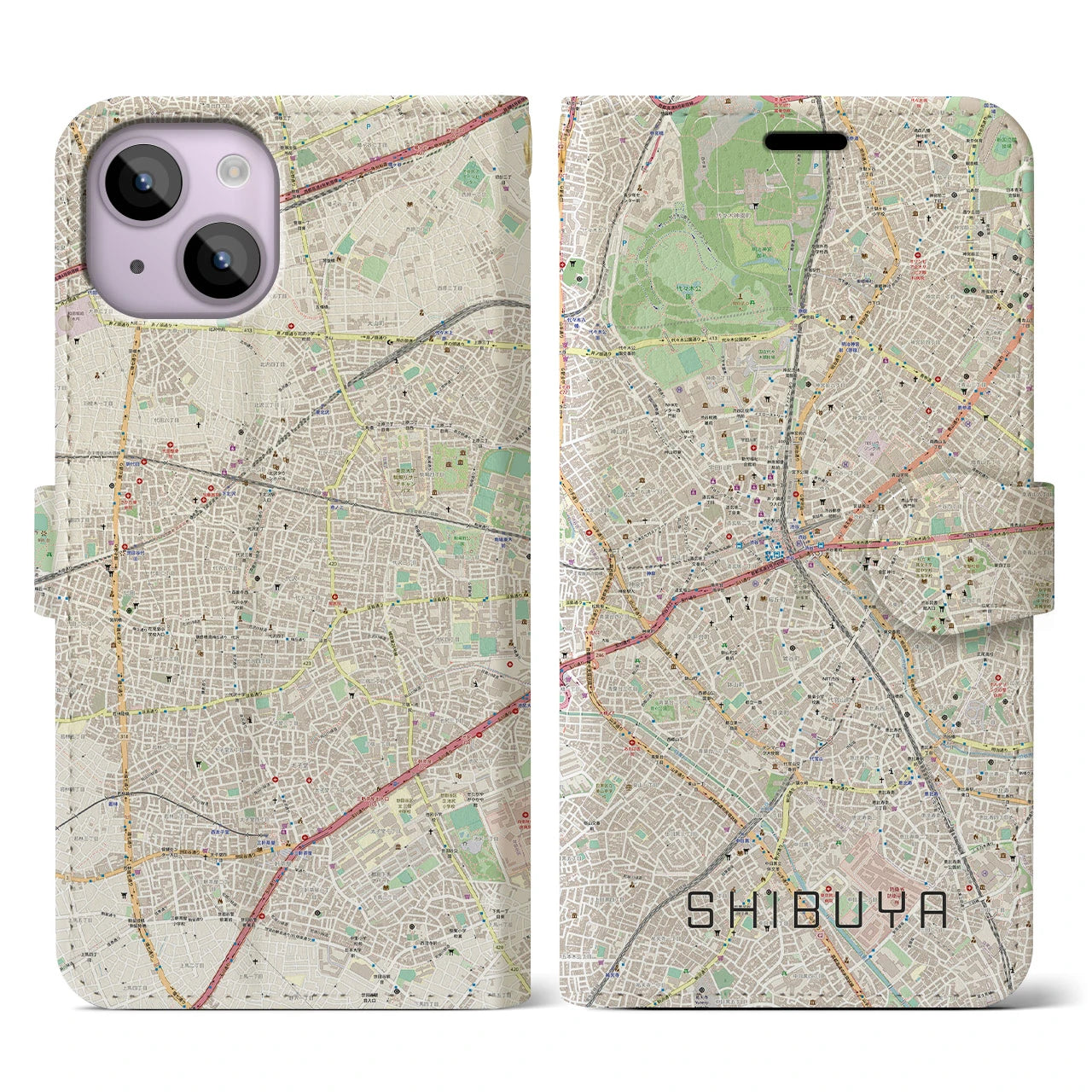 【渋谷】地図柄iPhoneケース（手帳両面タイプ・ナチュラル）iPhone 14 用