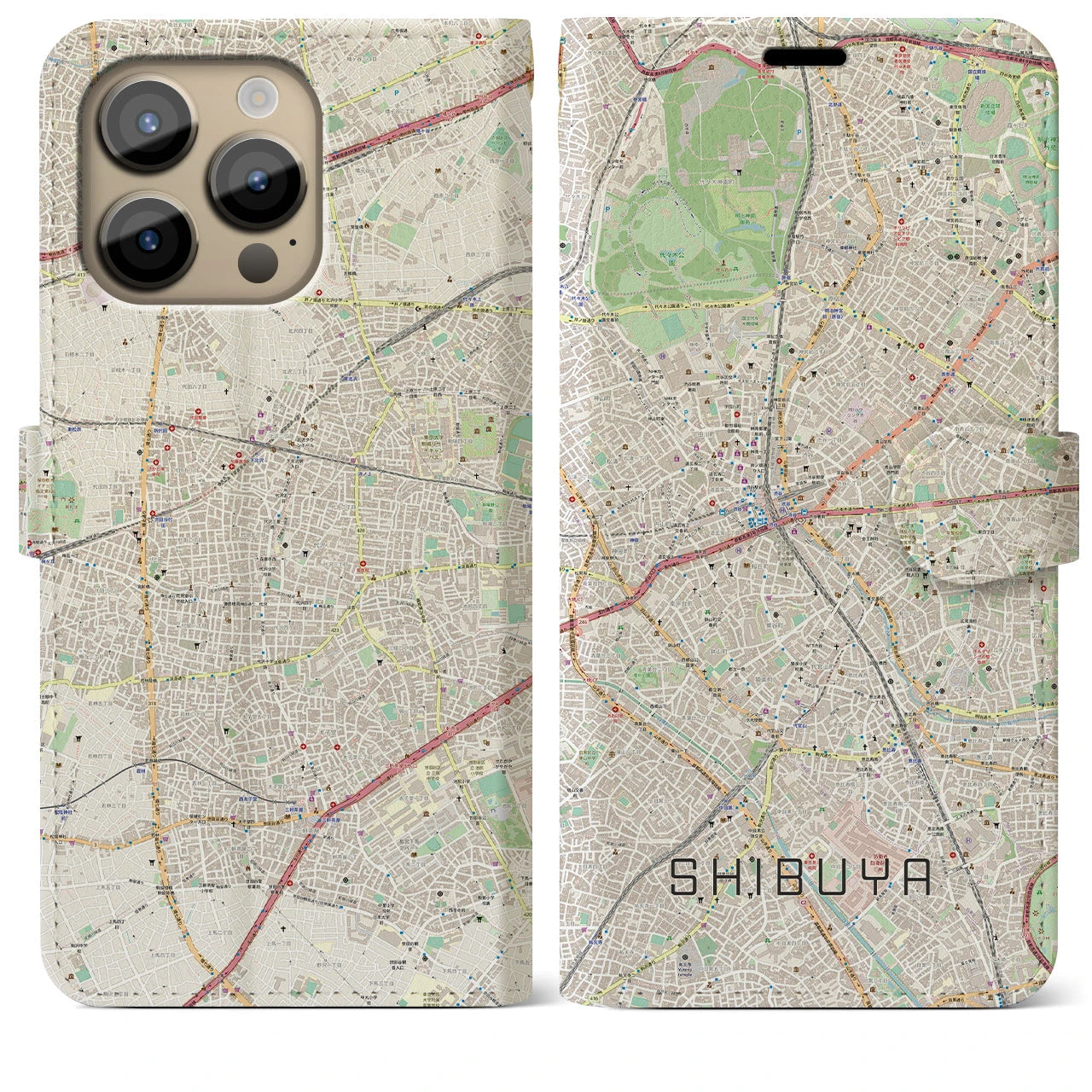 【渋谷】地図柄iPhoneケース（手帳両面タイプ・ナチュラル）iPhone 14 Pro Max 用