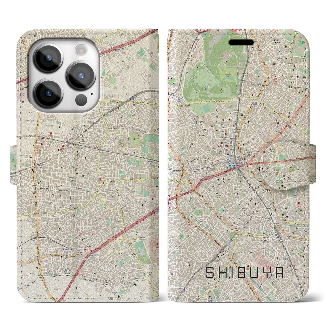 【渋谷】地図柄iPhoneケース（手帳両面タイプ・ナチュラル）iPhone 14 Pro 用