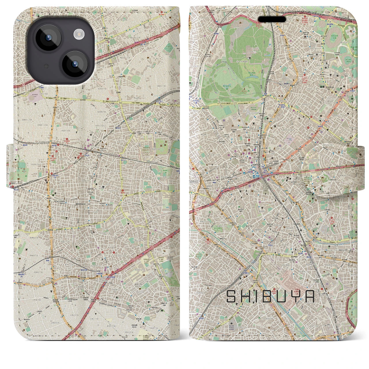 【渋谷】地図柄iPhoneケース（手帳両面タイプ・ナチュラル）iPhone 14 Plus 用