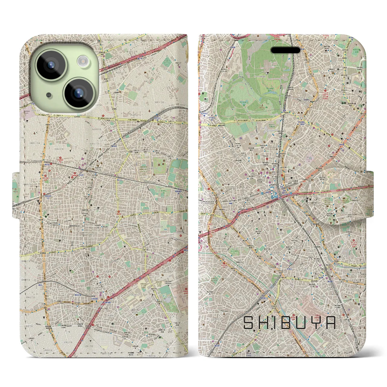 【渋谷】地図柄iPhoneケース（手帳両面タイプ・ナチュラル）iPhone 15 用