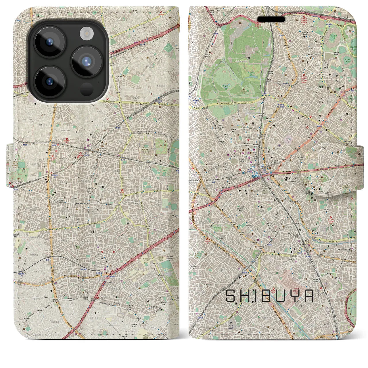【渋谷】地図柄iPhoneケース（手帳両面タイプ・ナチュラル）iPhone 15 Pro Max 用