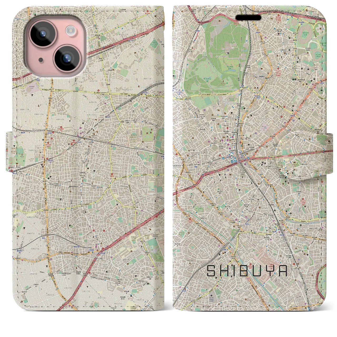【渋谷】地図柄iPhoneケース（手帳両面タイプ・ナチュラル）iPhone 15 Plus 用