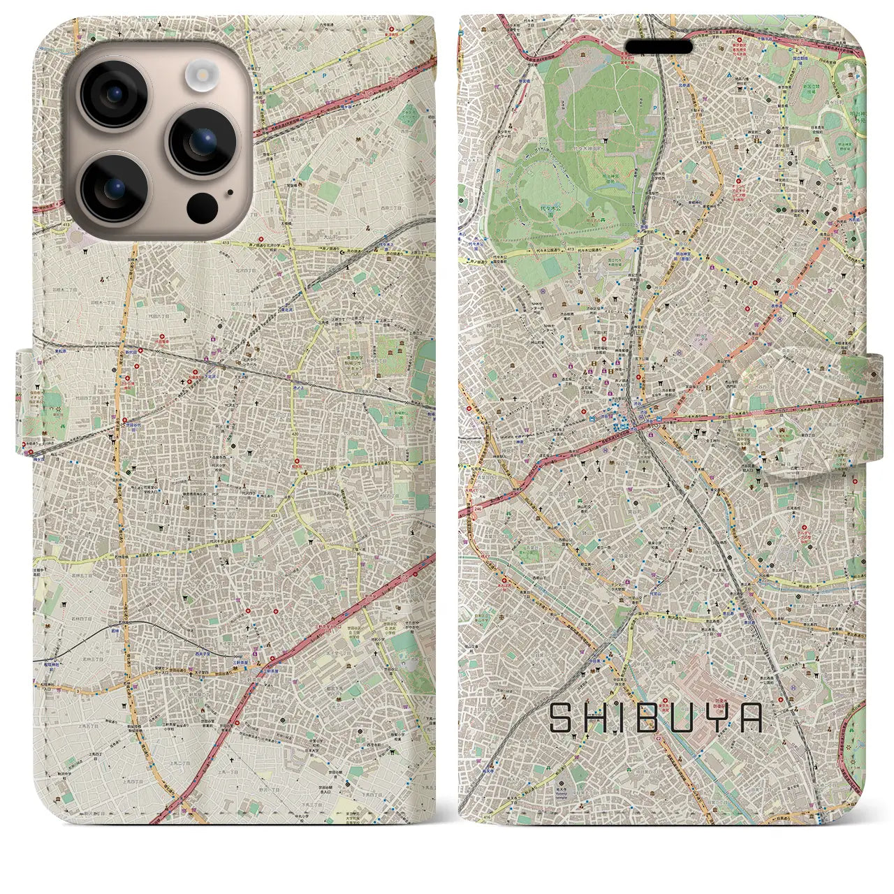 【渋谷（東京都）】地図柄iPhoneケース（手帳タイプ）ナチュラル・iPhone 16 Plus 用