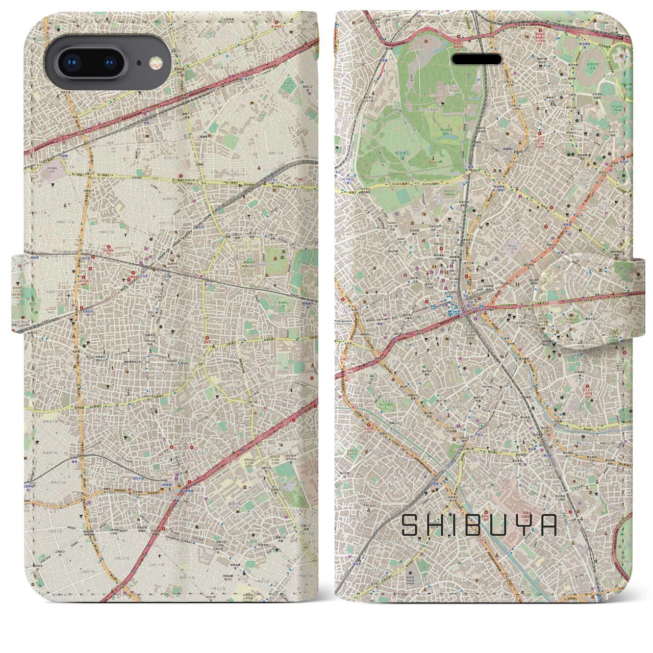 【渋谷】地図柄iPhoneケース（手帳両面タイプ・ナチュラル）iPhone 8Plus /7Plus / 6sPlus / 6Plus 用
