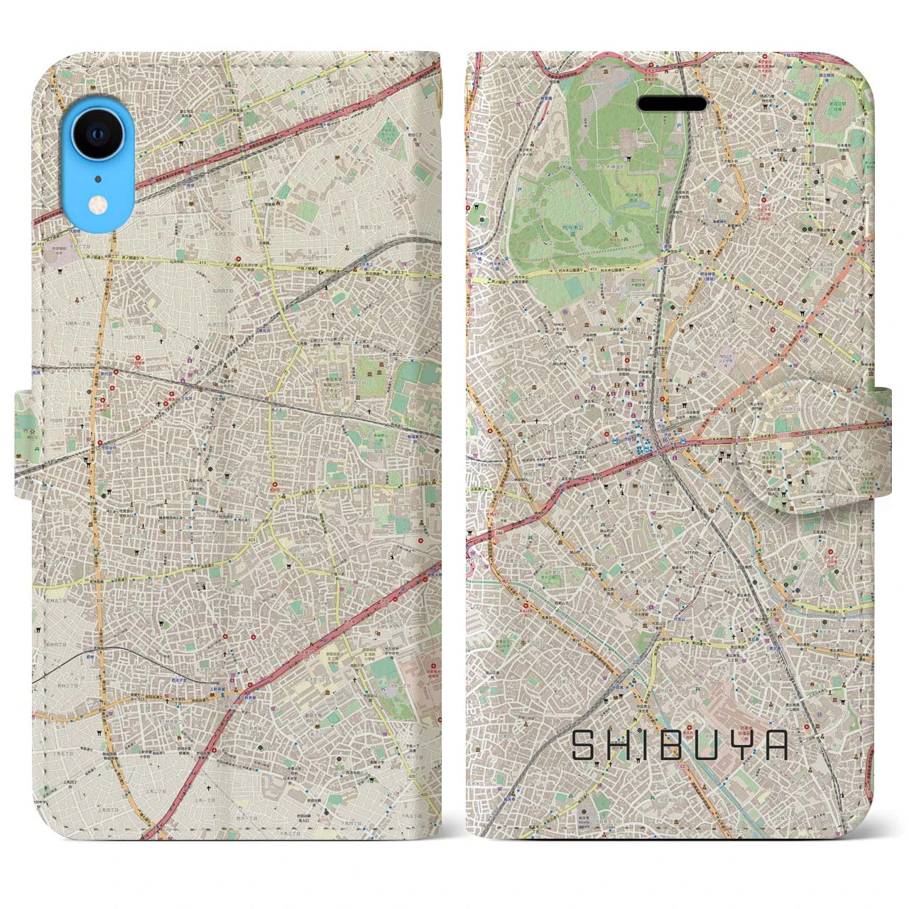 【渋谷】地図柄iPhoneケース（手帳両面タイプ・ナチュラル）iPhone XR 用