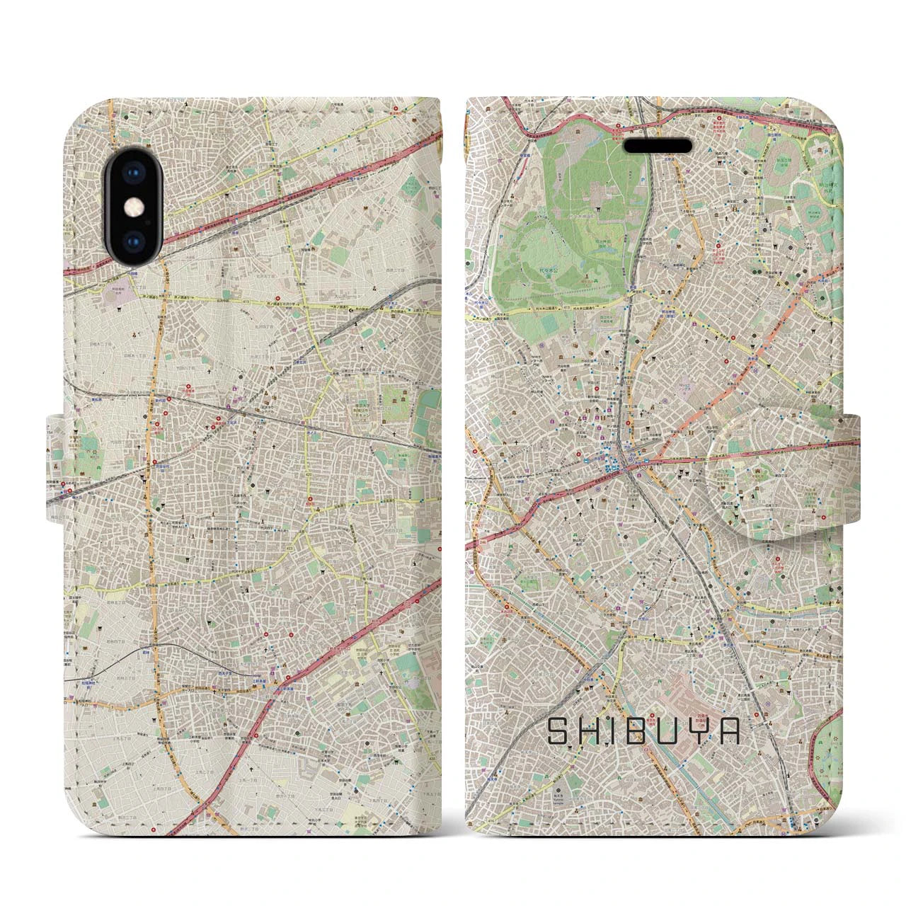【渋谷】地図柄iPhoneケース（手帳両面タイプ・ナチュラル）iPhone XS / X 用