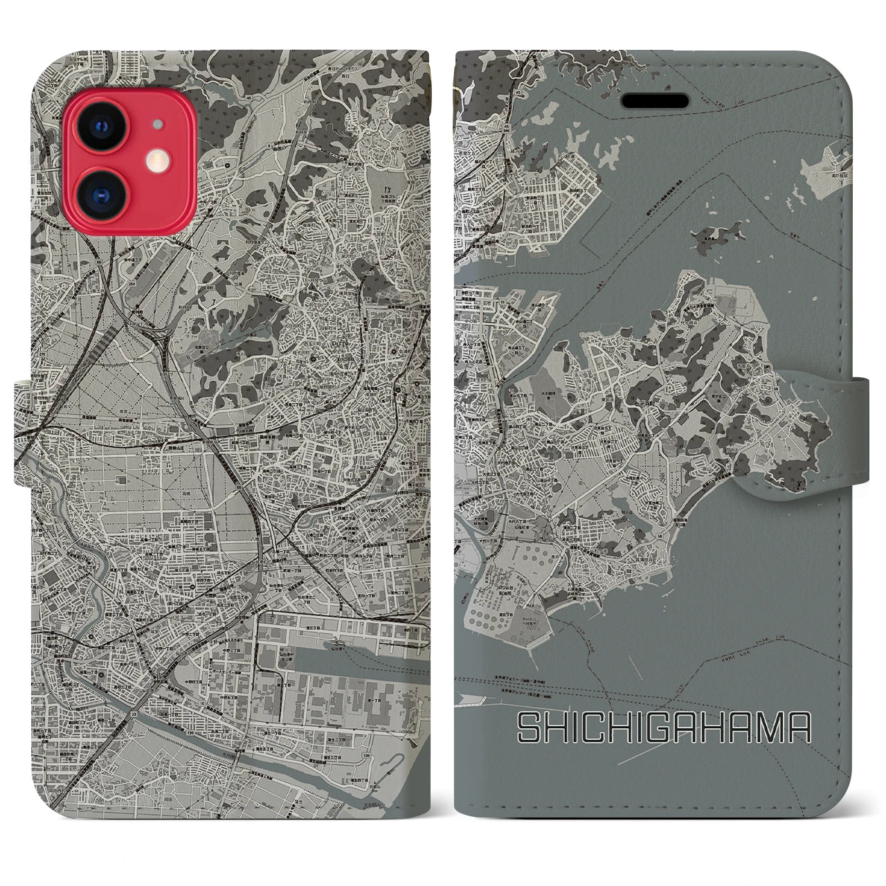 【七ヶ浜】地図柄iPhoneケース（手帳両面タイプ・モノトーン）iPhone 11 用