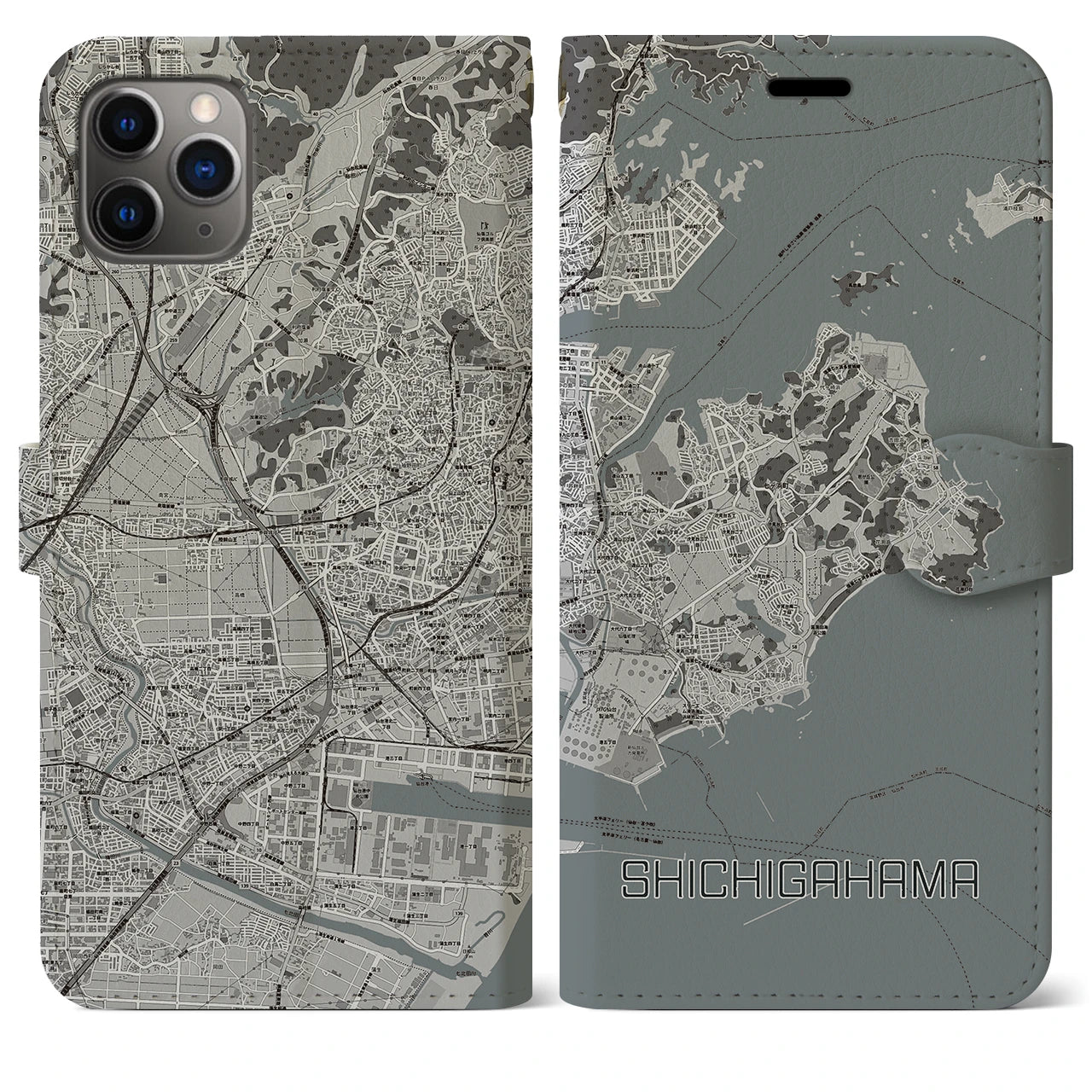 【七ヶ浜】地図柄iPhoneケース（手帳両面タイプ・モノトーン）iPhone 11 Pro Max 用