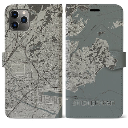 【七ヶ浜（宮城県）】地図柄iPhoneケース（手帳タイプ）モノトーン・iPhone 11 Pro Max 用