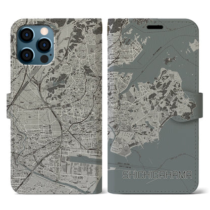 【七ヶ浜（宮城県）】地図柄iPhoneケース（手帳タイプ）モノトーン・iPhone 12 / 12 Pro 用