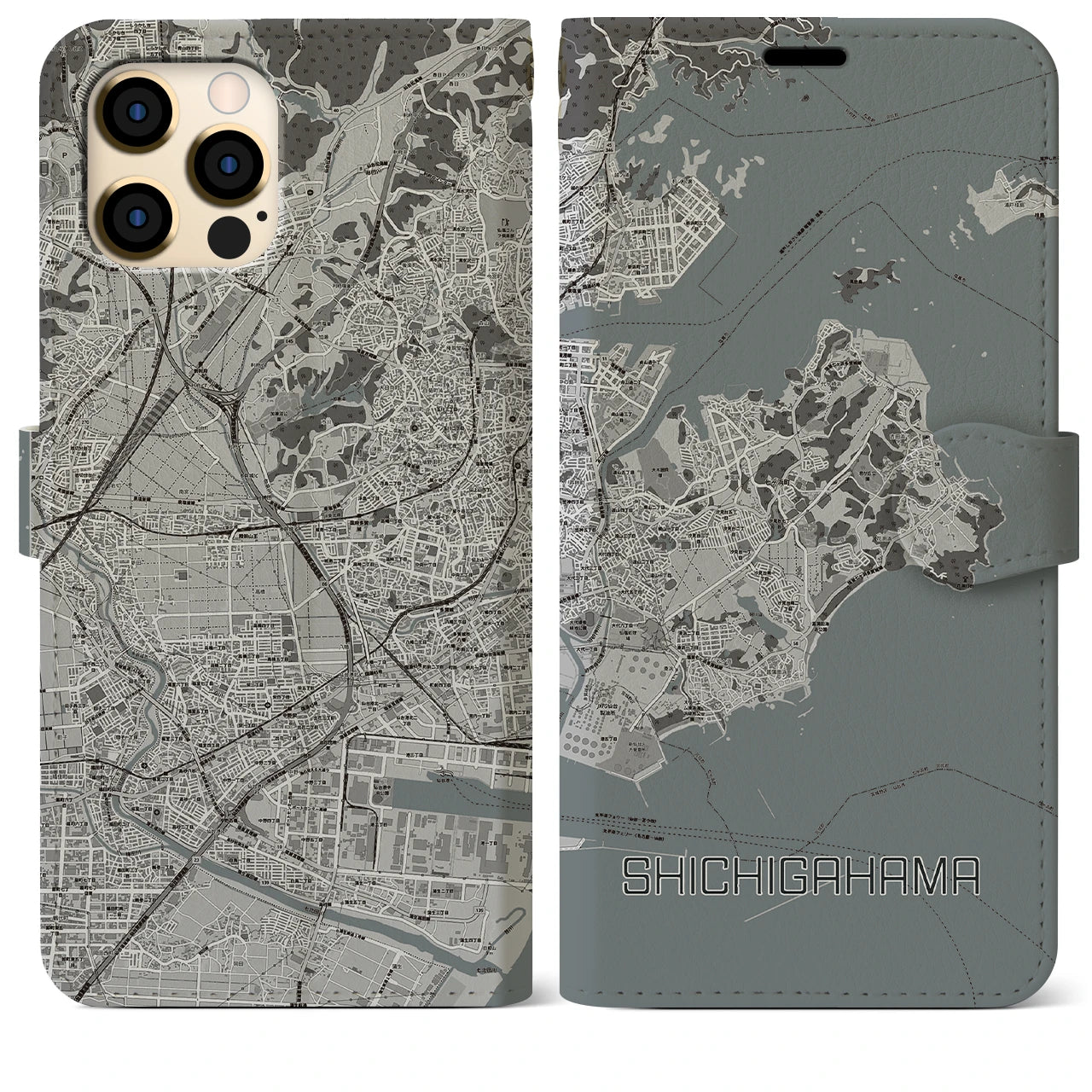 【七ヶ浜】地図柄iPhoneケース（手帳両面タイプ・モノトーン）iPhone 12 Pro Max 用