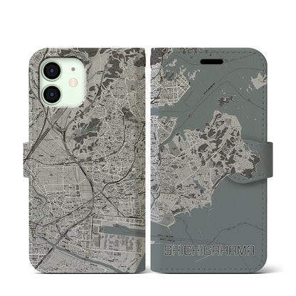 【七ヶ浜（宮城県）】地図柄iPhoneケース（手帳タイプ）モノトーン・iPhone 12 mini 用