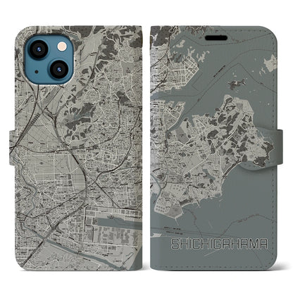 【七ヶ浜（宮城県）】地図柄iPhoneケース（手帳タイプ）モノトーン・iPhone 13 用