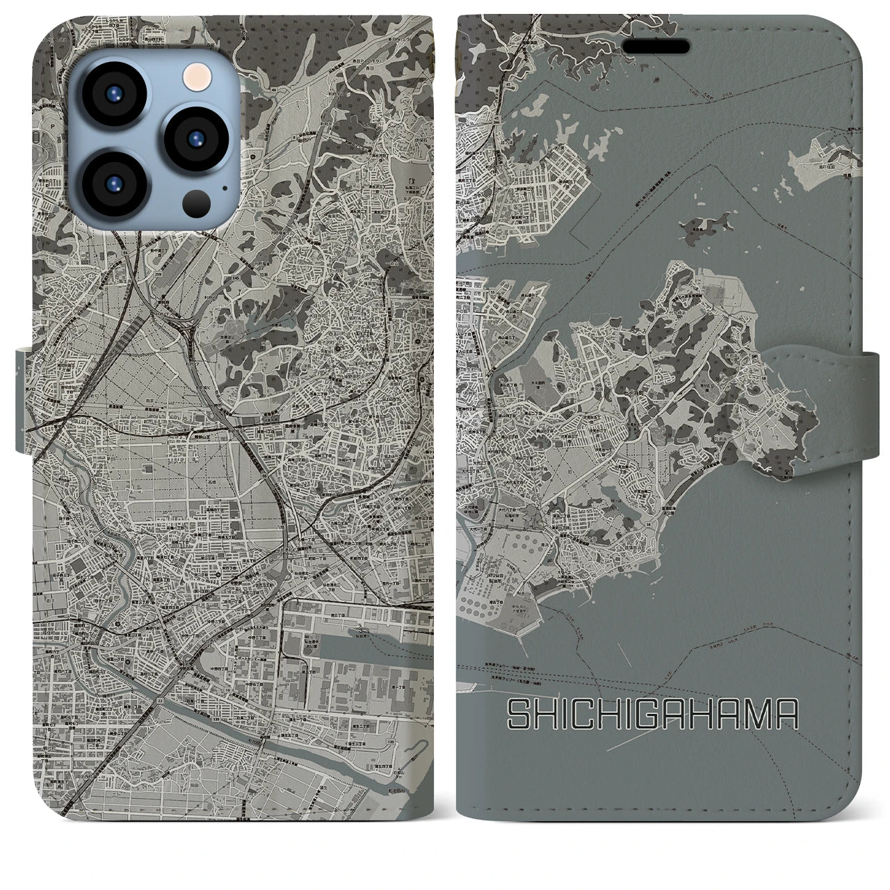 【七ヶ浜】地図柄iPhoneケース（手帳両面タイプ・モノトーン）iPhone 13 Pro Max 用